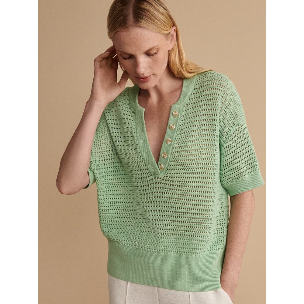Varley Callie Mint Green Open Stitch Henley Knit Top Short Sleeve Cotton Small